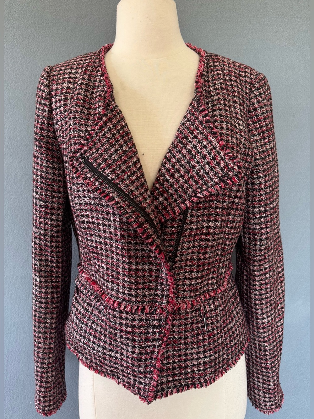 White House Black Market Womens 4 Tweed Moto Jacket Red Black Fringe Metallic - Picture 2 of 14